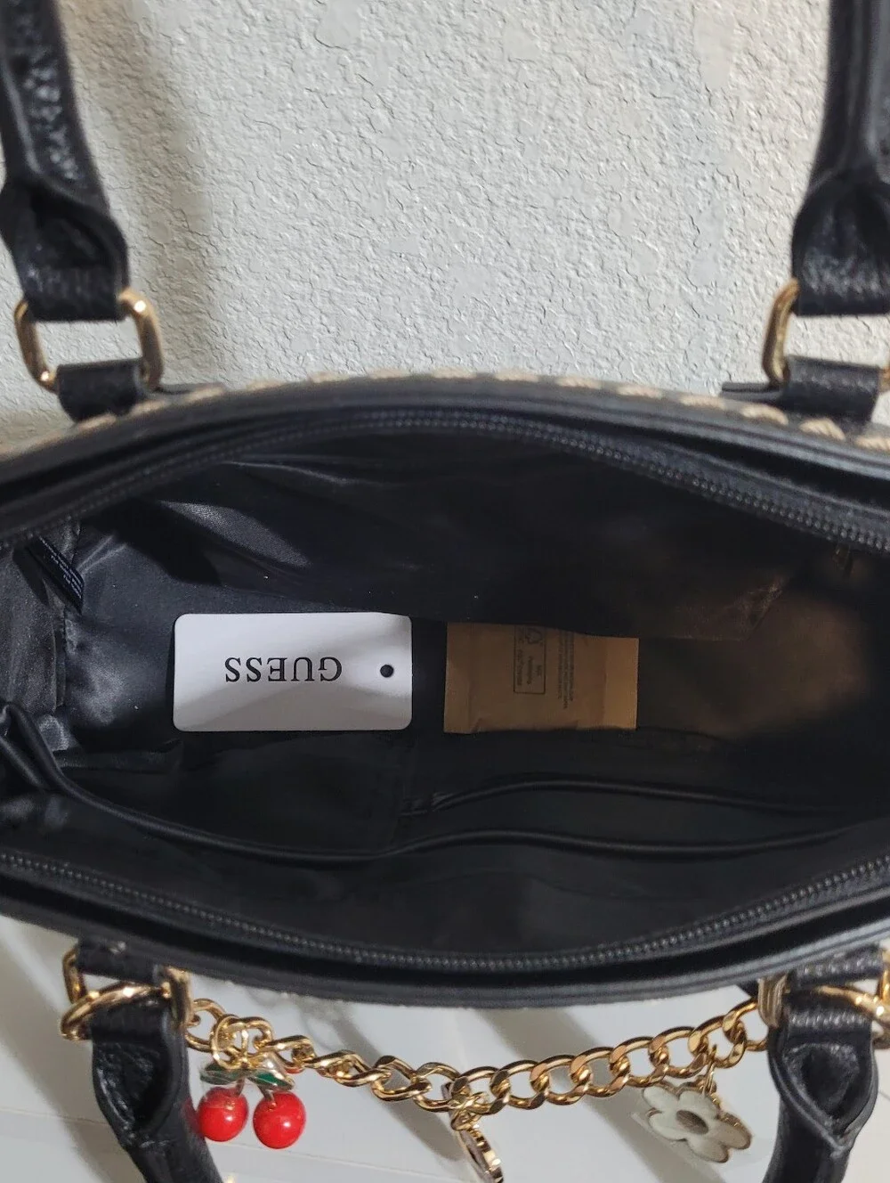 NWT GUESS Davina Charms Black Satchel Handbag with Gold Chain and Charm Accents